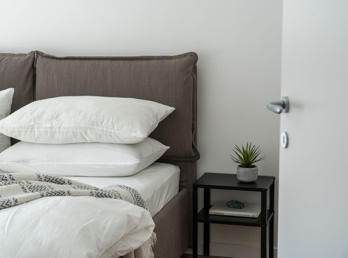 Lit refait et chambre claire prête pour de nouveaux voyageurs
